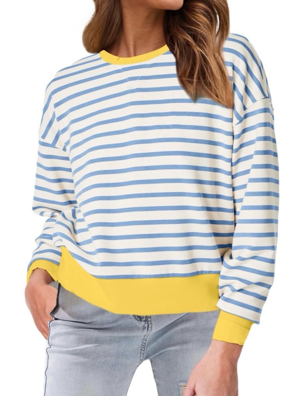 Blue & White Striped Women's Sweatshirt with Yellow Trim